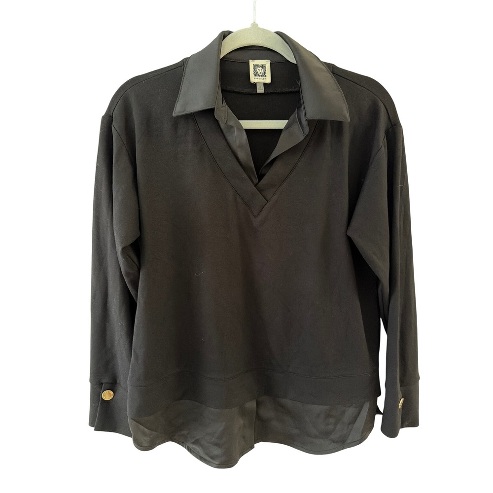 Anne Klein Black Mixed Media V-Neck Collared Top Gold Button Cuffs Small